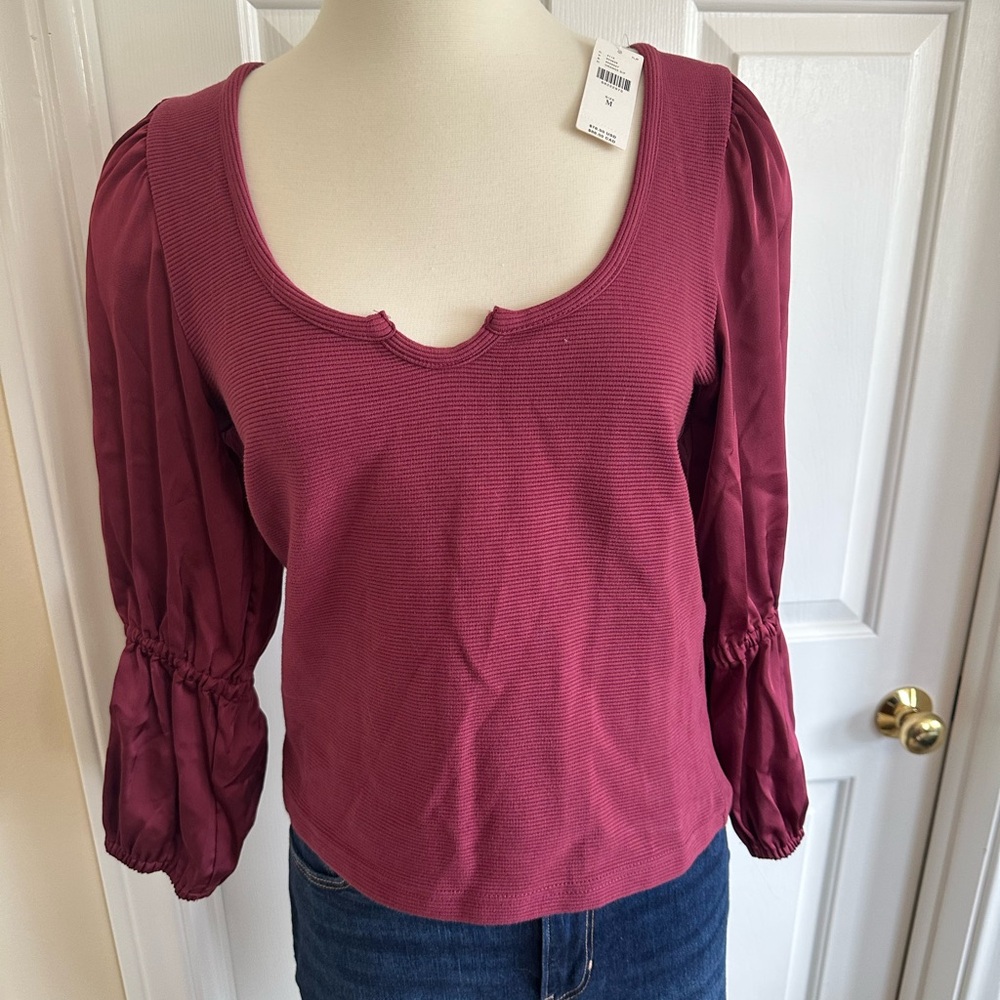 Anthropologie Wine Scoop Neck Puff Sleeve Top